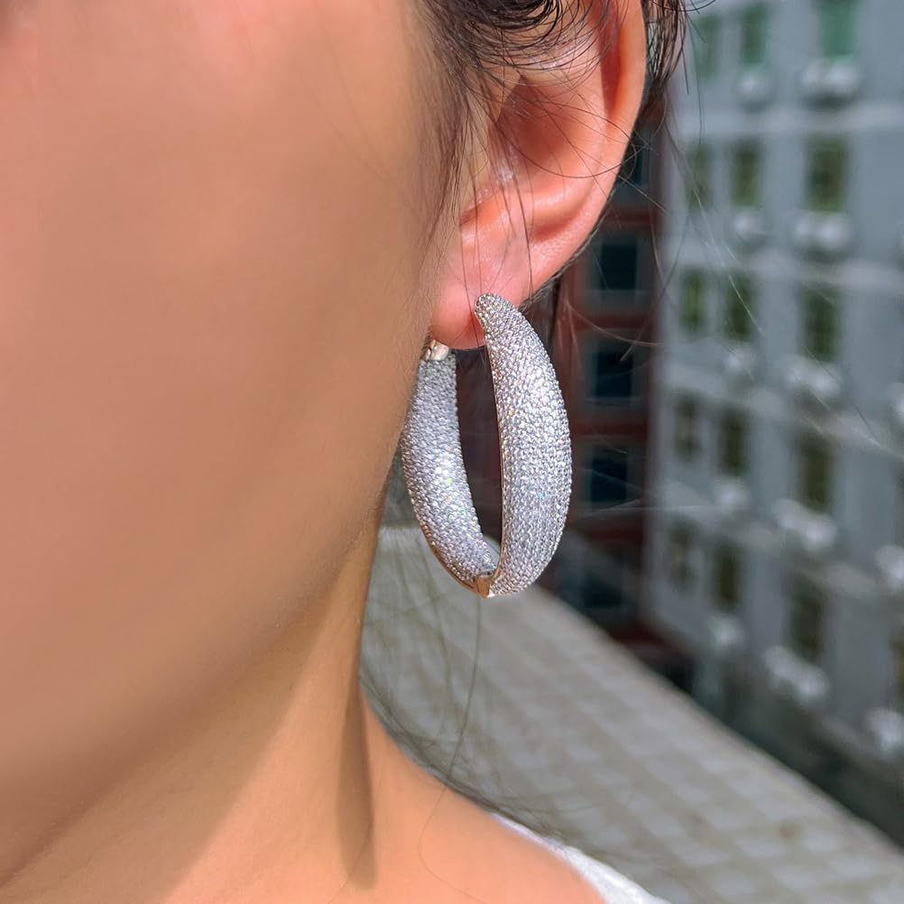 Cubic Zirconia Big Round Hoop Earrings, White Gold Plated Statement Dangle, 532pcs Clear CZ Crystal Paved, Wedding Party Jewelry for Women - Image 2