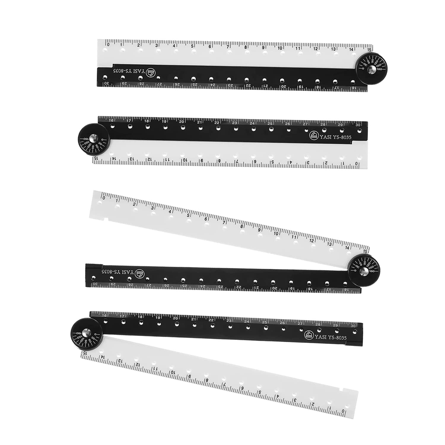 SYOSI 12 Inch Folding Ruler, 4-Pack Acrylic Multi-Ruler with Angle Measurement, Black and White, 30cm Unfolded, 15cm Folded