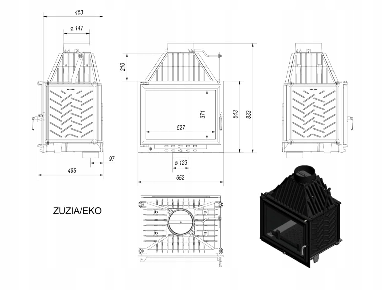 KRATKI ZUZIA Inserto per camino 12 kW Ø150 mm tubo di fumo – in ghisa, vetro pulito & Ecodesign – BImSchV 2 – vetro resistente al calore