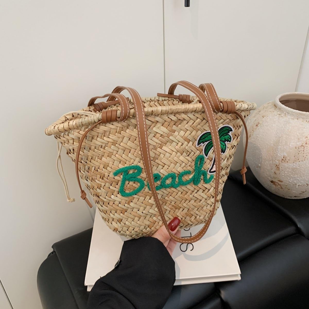 borsa donna estiva Borsa in paglia intrecciata con alfabeto ricamato da donna viaggio Vacanza al mare Spalla di grande capacità