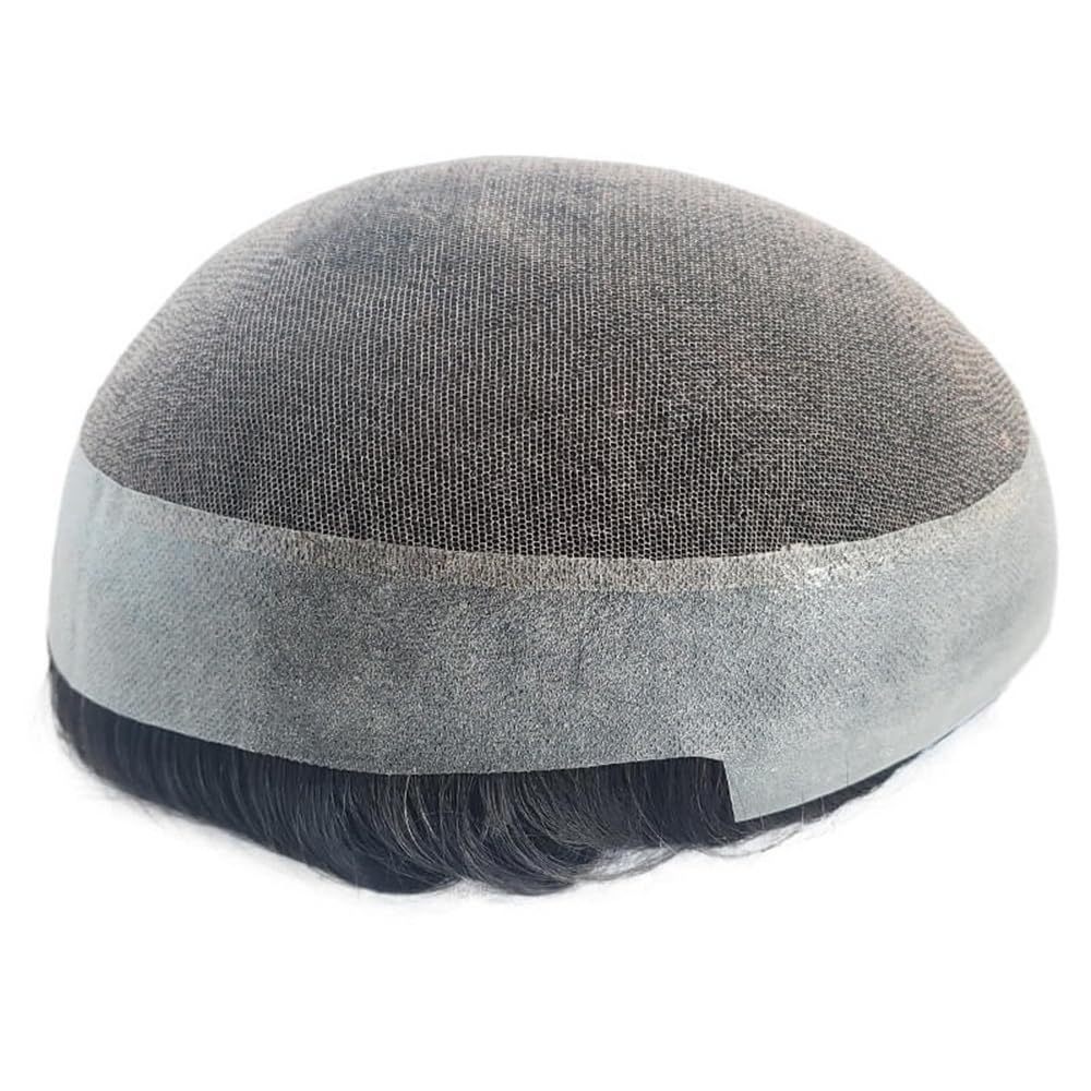 Men's Toupee Parrucca for uomo in capelli umani australiani con pizzo svizzero e pelle PU intorno, protesi for capelli maschili traspiranti(5x7)