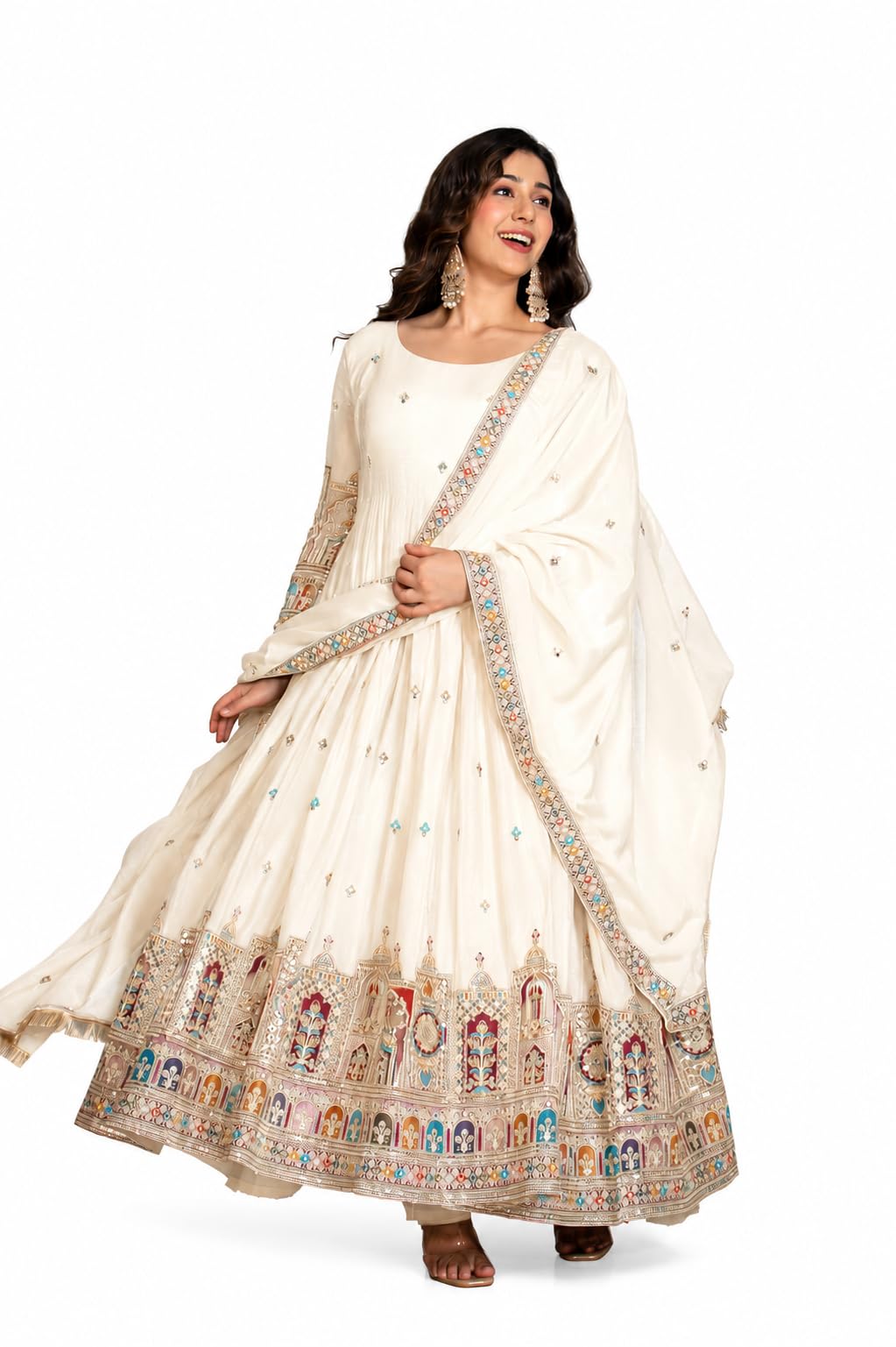 Miss Ethnic Hub's Traditional Anarkali Gown with Dupatta Set with Golden jari Embroidered Details, Long Sleeves for Women-picture-49