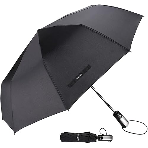 TradMall Travel Umbrella Windproof with 46 Inches Large Canopy 10 Reinforced Fiberglass Ribs Ergonomic Handle Auto Open & Close, Black