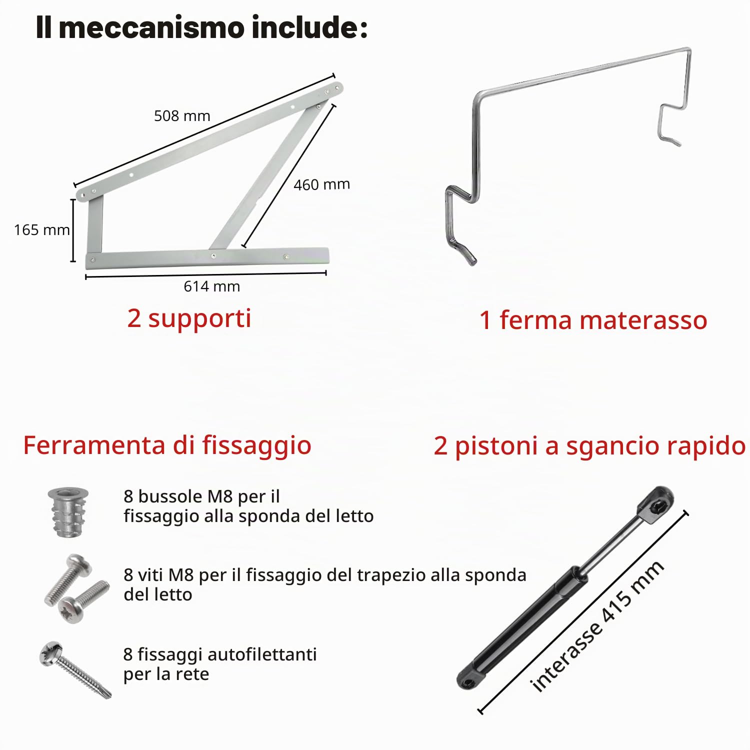 Evotrade Kit Alza Rete Meccanico Con Pistoni per Letto Contenitore, Include 2 Trapezi 2 Staffe Ferma Materasso Ferramenta Completa, Letto Matrimoniale