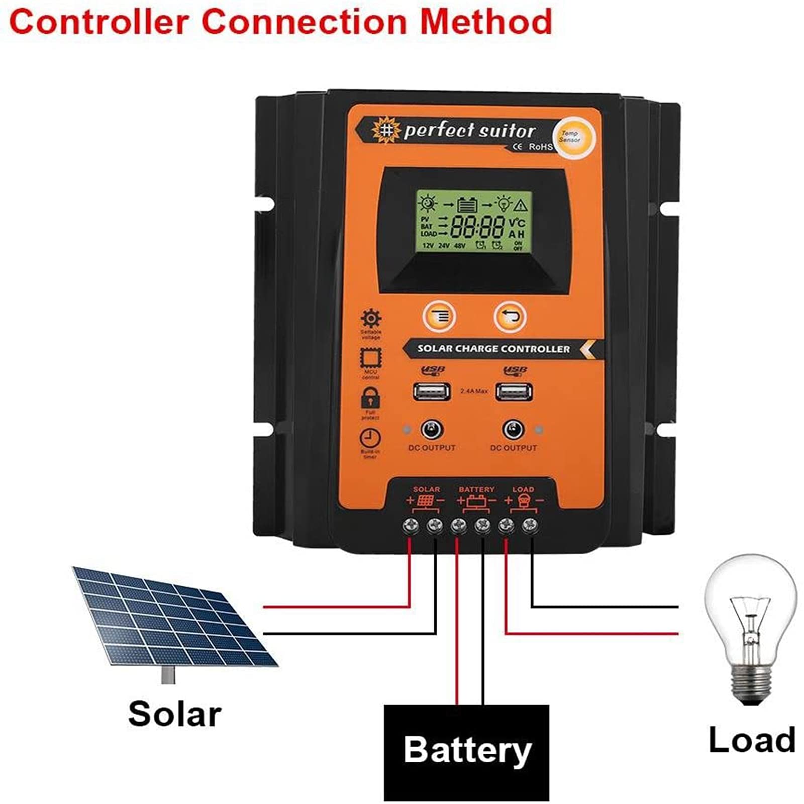 Regulador solar de carga MPPT con pantalla LCD de 12 V/24 V y puerto USB doble, identificación automática, tensión del