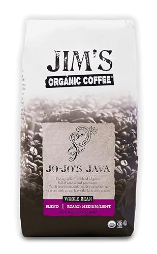 Jim's Organic Coffee Jo-Jo's Java Blend - Tostado medioligero, grano entero, bolsa de 12 onzas