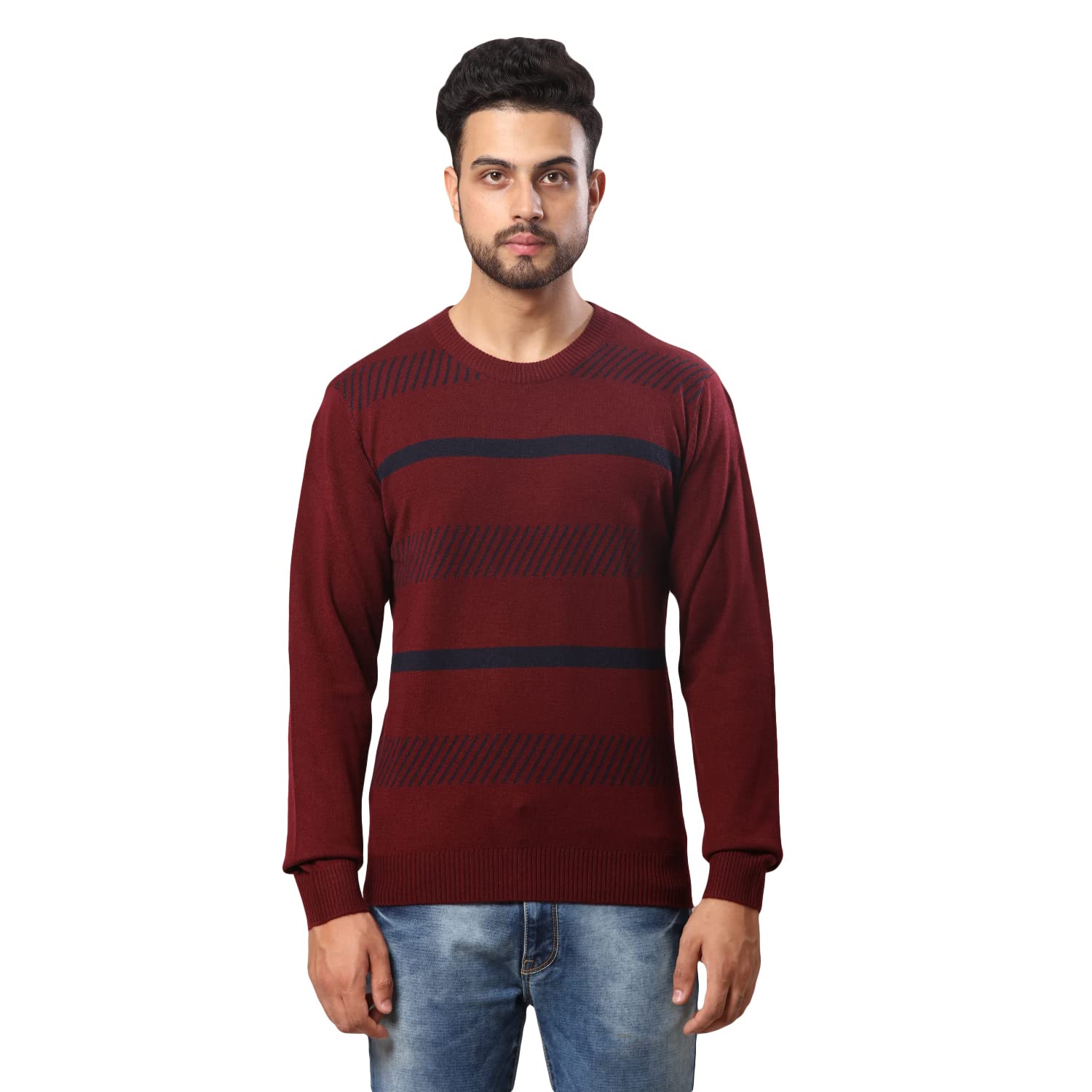 Men's Regular Fit Acrylic Wool Blend Round Neck Stripe Pattern Full Sleeve Dark Maroon Sweater-image-44