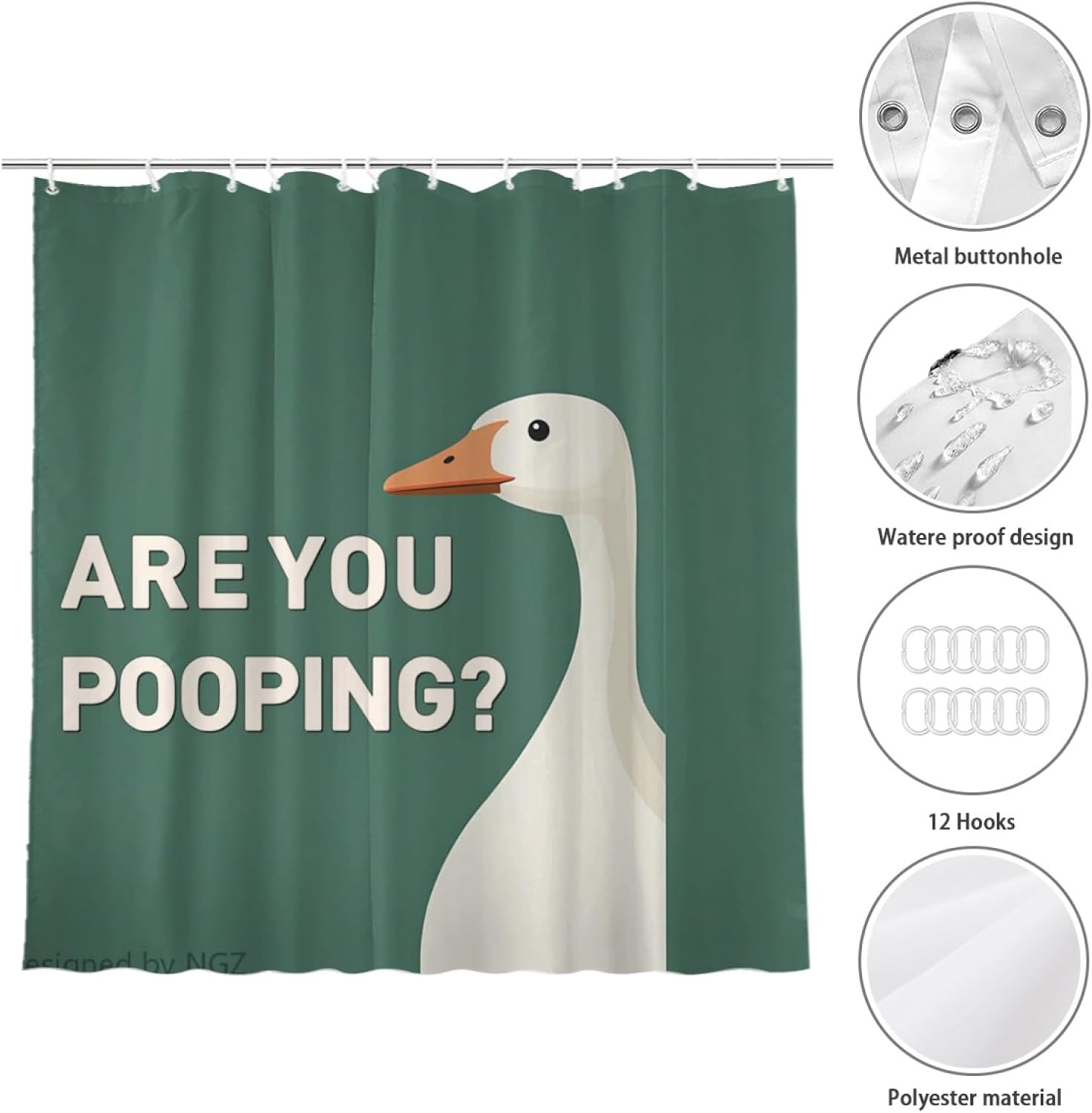 NGZ are You Pooping Goose Shower Curatin, Funny Goose Shower Curtain, Green Shower Curtain Set with 12 Hooks for Bathroom Decor, 72x72