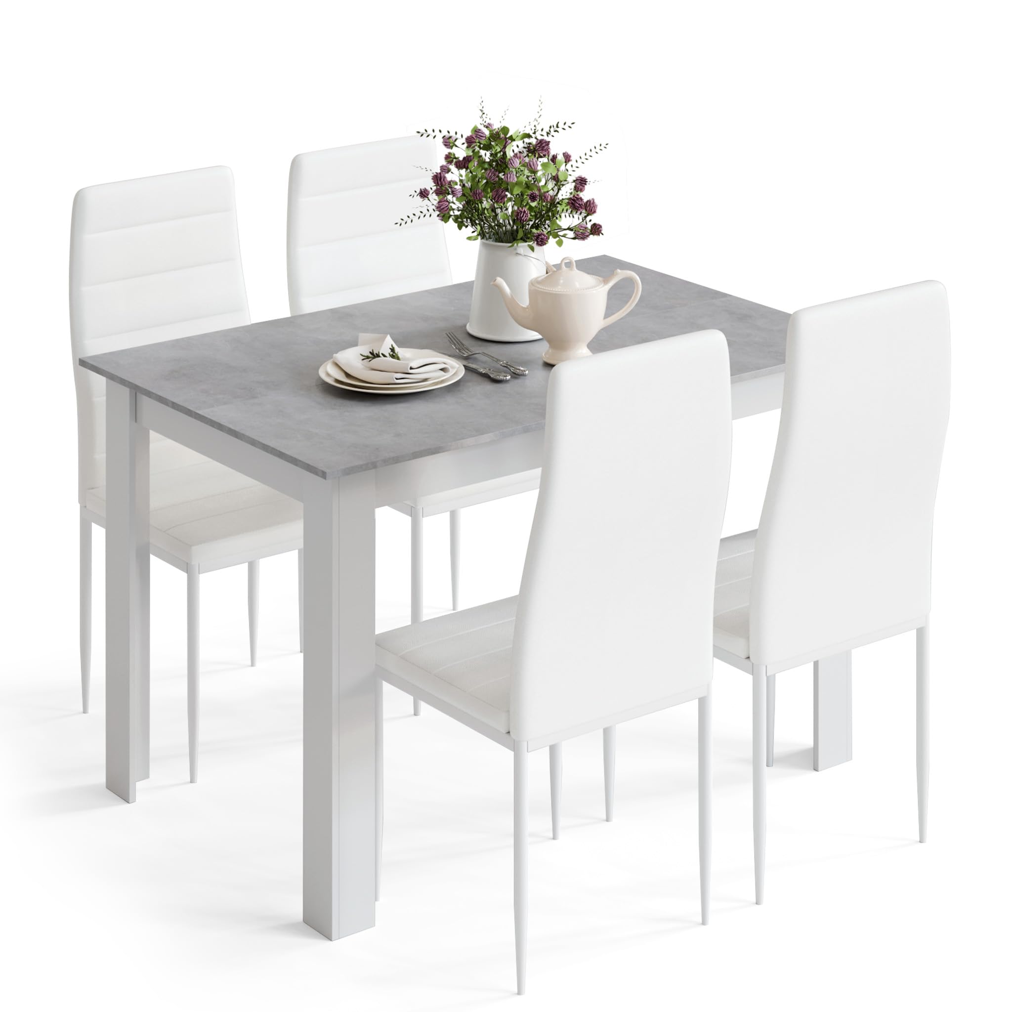 Mondeer Dining Table and Chairs Set 4, Dining Room Sets High Back Faux Leather Chairs, for Kitchen Home Office, 120 x 80 x 75 cm, Grey Table and White Chairs