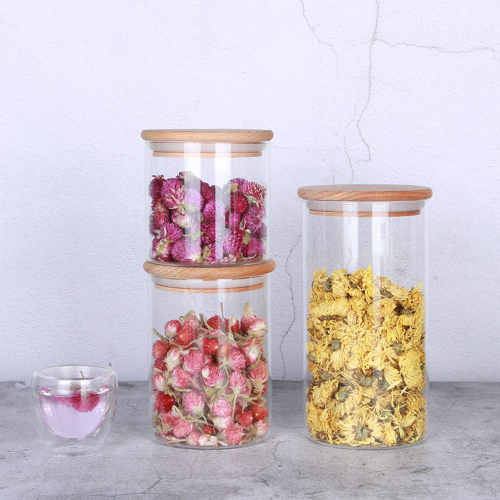 Caja Tarros Almacenamiento, Juego de 3 Recipientes de Cristal para Alimentos con Tapas de Bambú, Aptos para Horno, Microondas, Congelador y Lavavajilla Saludable, Transparent
