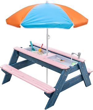 Kids 3-in-1 Sand & Water Activity Table, Wood Outdoor Convertible Picnic Table, 2 Play Boxes, Removable Top with Faucet, Picnic for Outdoor Pink/Orange