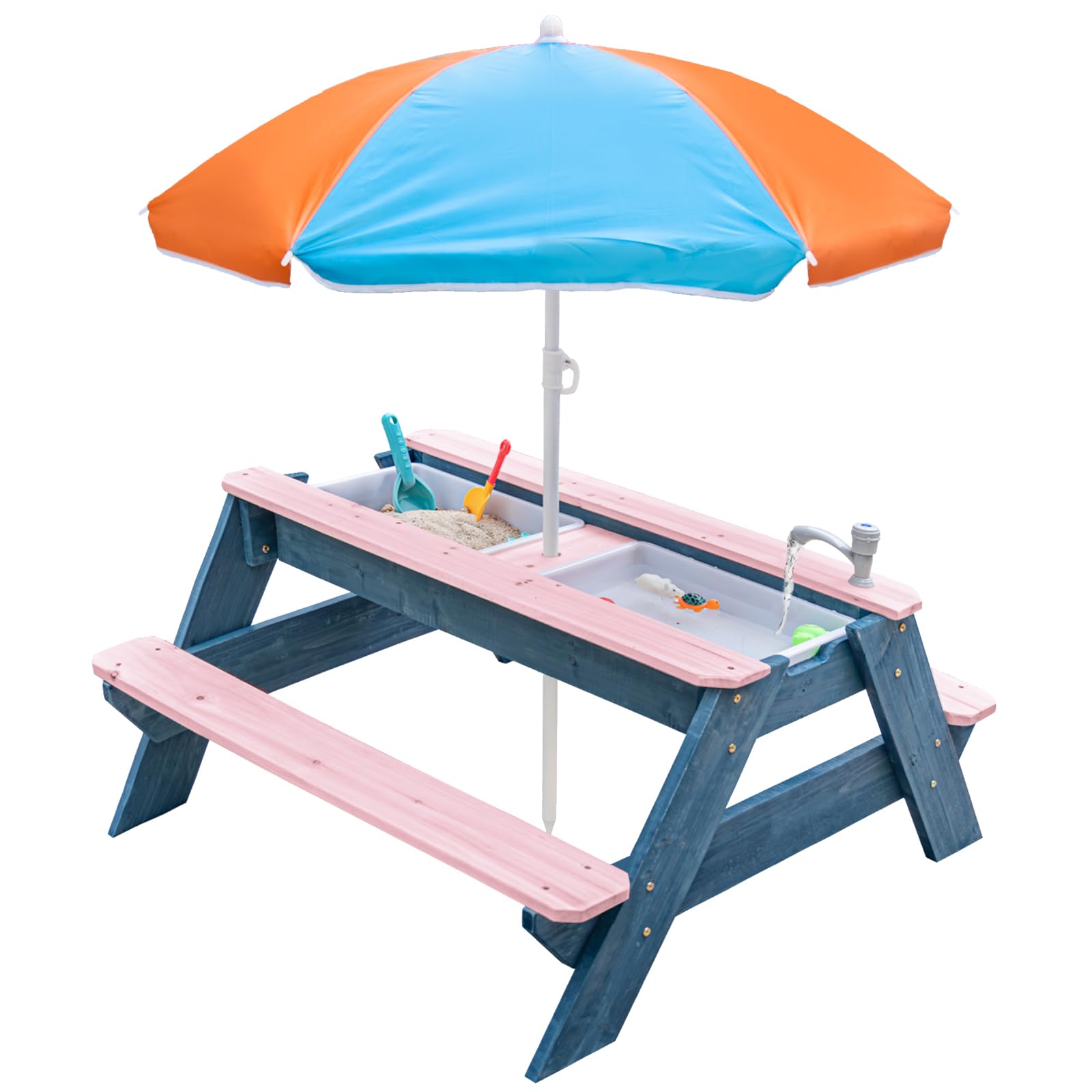 Kids 3-in-1 Sand & Water Table, Wood Outdoor Convertible Picnic Table w/Umbrella, 2 Trays, Removable Top with Faucet, Picnic Table for Outdoor (Pink/Orange)