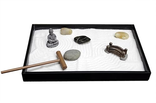 Kit de jardín zen mini de Nature's Mark para escritorio con rastrillo, arena blanca, figura de Buda, figura de puente y rocas de río, base