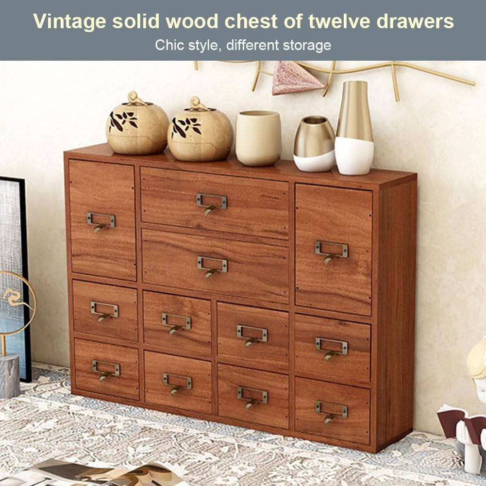 12 Drawers Apothecary Cabinet with Label Slot & Metal Handle, Tabletop Storage Box, Desk Drawer Organiser, Library Card Catalog Cabinet for Jewelry, Tea, Card, Flat File Collection