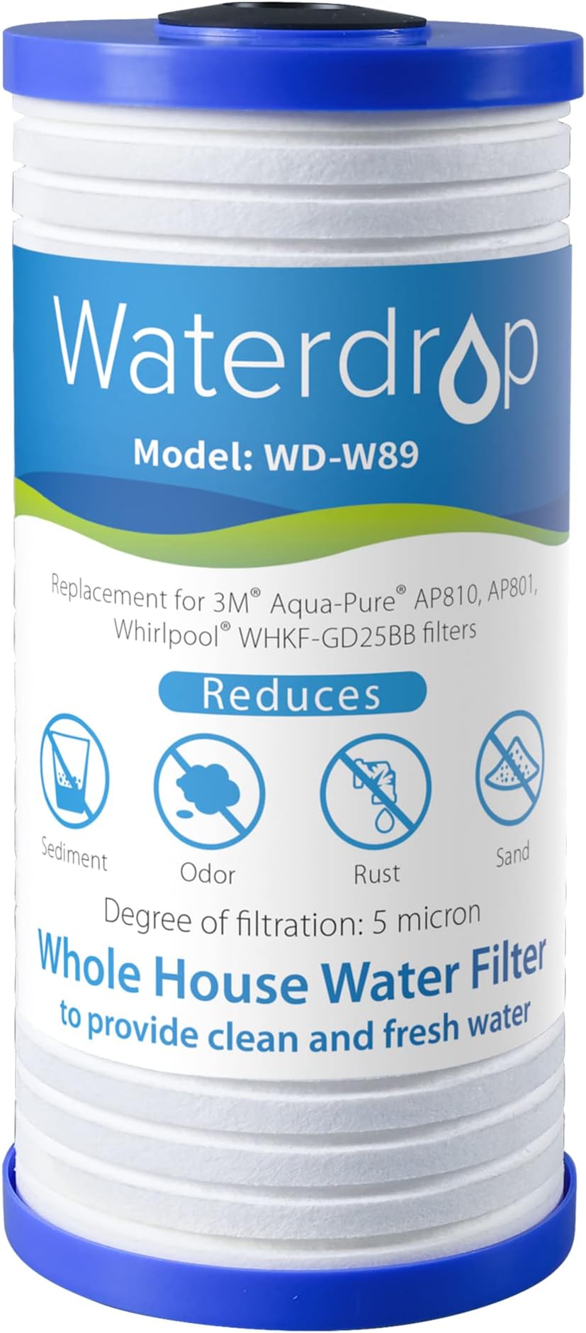 WaterdropAP810 Whole House Water Filter, Replacement for 3M® Aqua-Pure AP810, AP801, AP811, Whirlpool® WHKF-GD25BB, WHKF-DWHBB, 5 Micron, 10" x 4.5", Tap Water Filter, Pack of 1