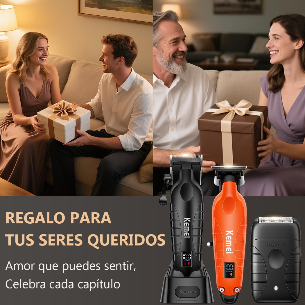 KEMEI Maquina de Cortar Pelo Hombre,Trimmer Profesional con Pantalla Digital & Máquina de Afeitar Eléctrica, Kit Peluqueria Hombre con 8000RPM motor, Carga Dual USB/Base(Naranja)