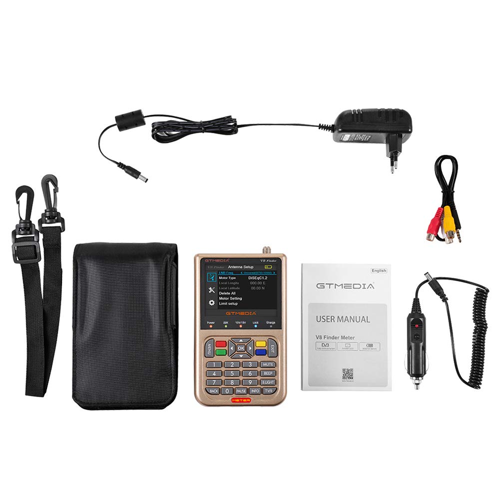 Contents of the GTMEDIA V8 Finder Meter package including the device, adapter, cables, carrying bag, and user manual.