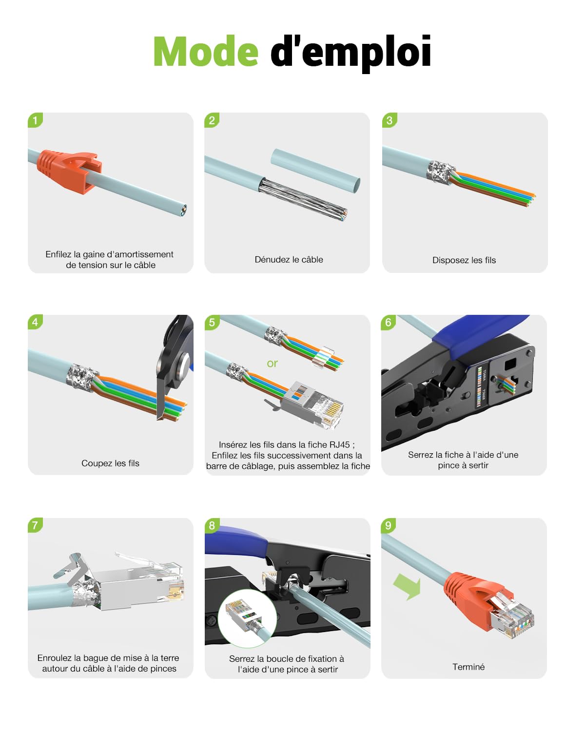 Connecteur rj45 Cat7 Pass Through Lot de 30, Plaque or Prise rj45 Cat7 Cat6a, 10 Gbit/S 600 MHz, POE Fiche RJ45 Pour CâBle de Pose Blindé Avec Enfile et Protection Anti-Torsion