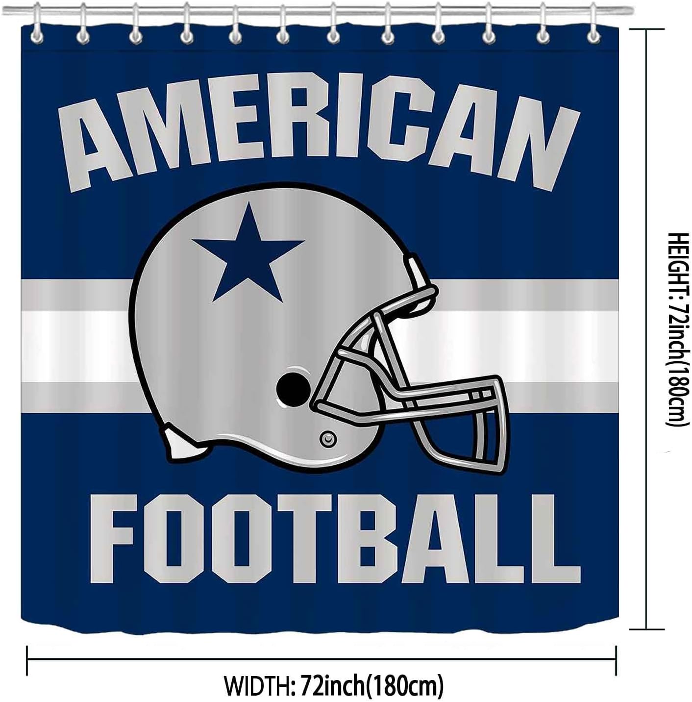 Namdeva 4PCS/Set American Football Shower Curtain, White Navy Blue Striped Texas Star Athlete Player Championship Modern Cool Sports Bathroom Decor for Men, Non-slip Bath Rugs Toilet Mats, Grey Helmet