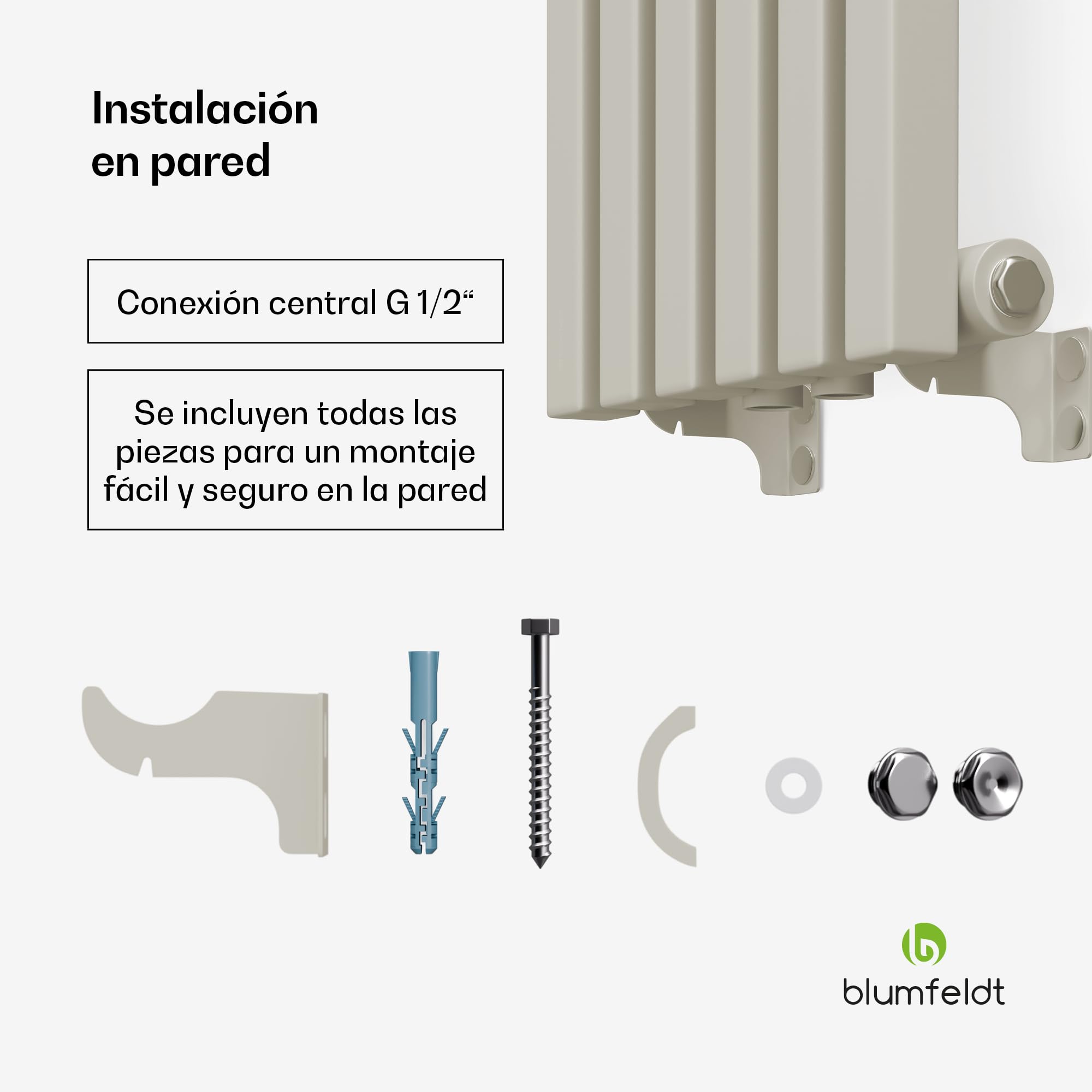 blumfeldt Radiador - 637W Radiador de Pared con Conexión Central, Diseño Moderno de Acero, Calefactor para Baños, Salones y Oficinas, 25 x 120 cm, Color Arena