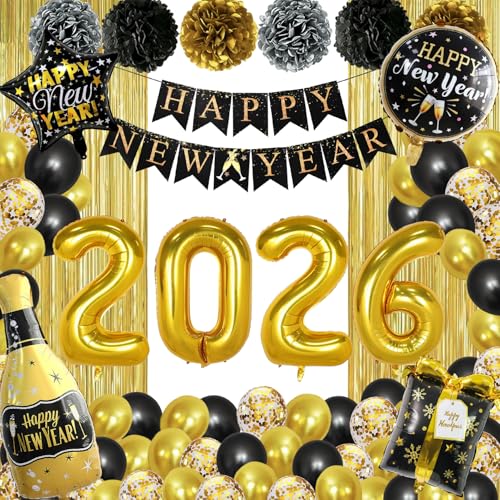 Decorações de ano novo 2026, decoração de ano novo temática preta e dourada com balão 2026, pompons de papel e cortina metalizada, conjunto de ornamentos para festa de ano novo e celebrações