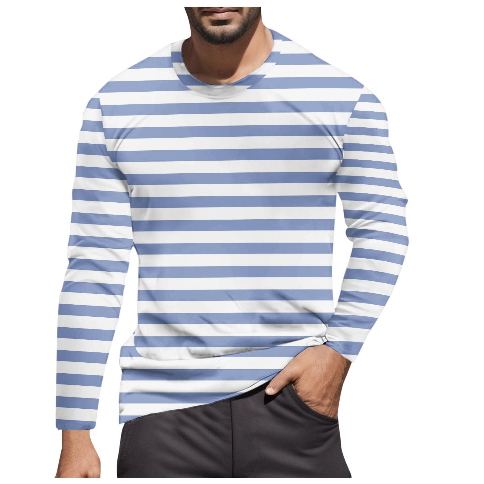 Striped Shirt Men Women Red White Long Sleeve T-Shirt Carnival Long Sleeve T-Shirt Horizontal Stripes Wide Stripes Fine Stripes Crew Neck Leisure Top Striped Shirt Fancy Dress Costumes, Light blue-10