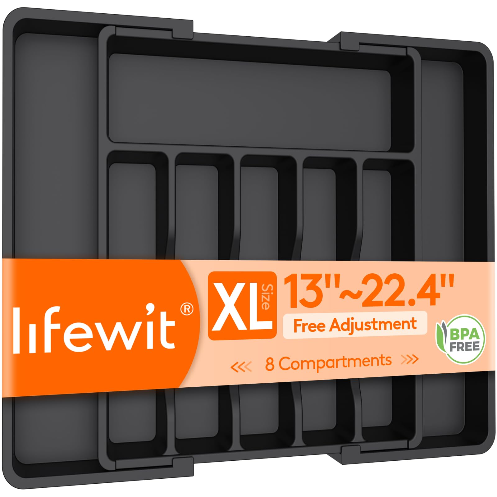 Lifewit Extra Large Cutlery Organizer, Expandable Silverware Drawer Organizer for Kitchen, Adjustable Cutlery Tray Drawer Organizer for Spoon Forks Knives, Cutlery Crocks, Black
