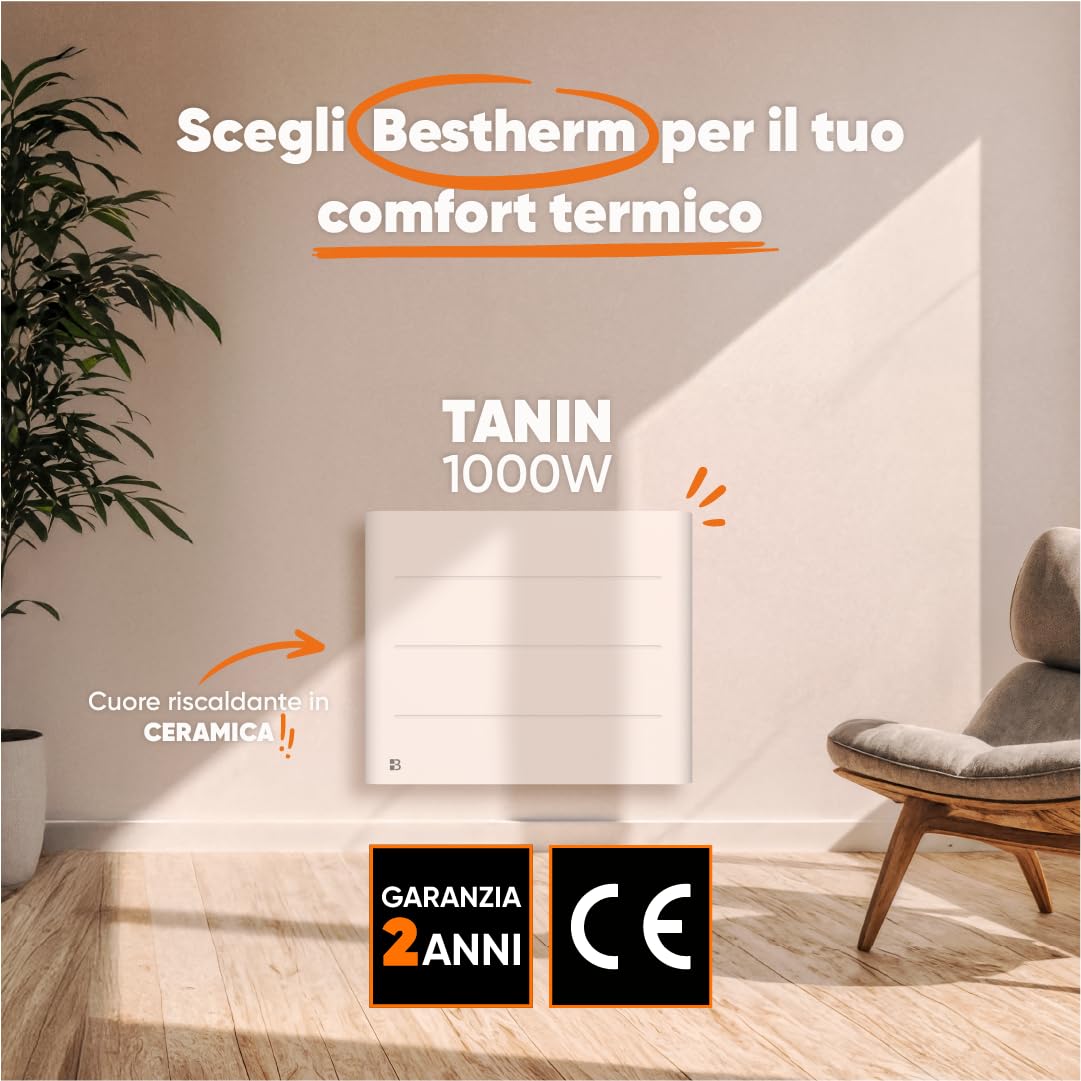 BESTHERM - Radiatore elettrico fisso a inerzia secca ceramica 1000W Bestherm TANIN orizzontale bianco