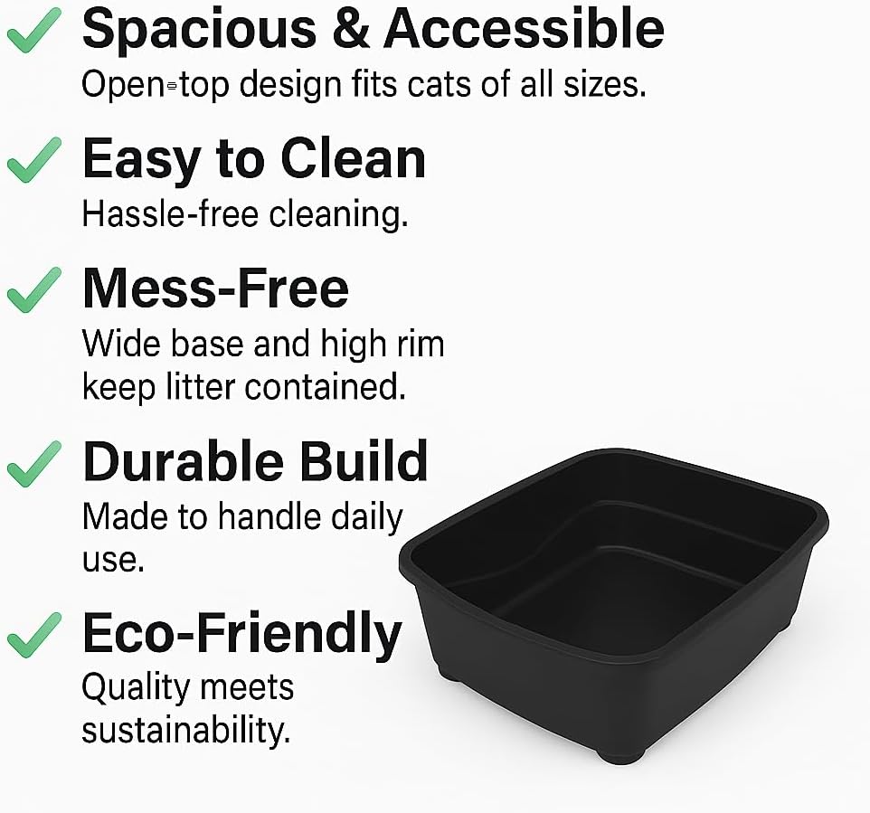 Open Cat Litter Box – Large Litter Pan for Small & Large Cats | Durable Standard Box, Easy to Clean (Pack 2) (Black)