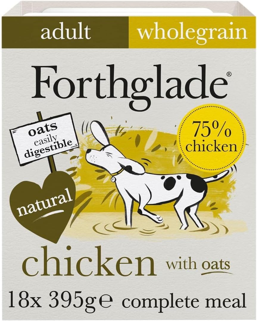 Forthglade Wet Dog Food (18 x 395g) Trays- Adult 1 year +, Chicken with Vegetables and Wholegrain Oats, Stomach Sensitive Wet Dog Food Trays, Complete Hypoallergenic Dog Food