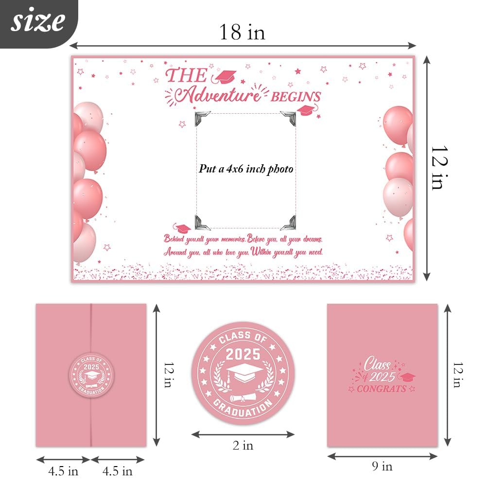 2025 Pink Graduation Guest Book - Class Of 2025 Congrats Grad Signature Board With 6 Photo DIY Stickers - The Adventure Begins - High School College Graduation Celebration Party Decor & Keepsake - A01
