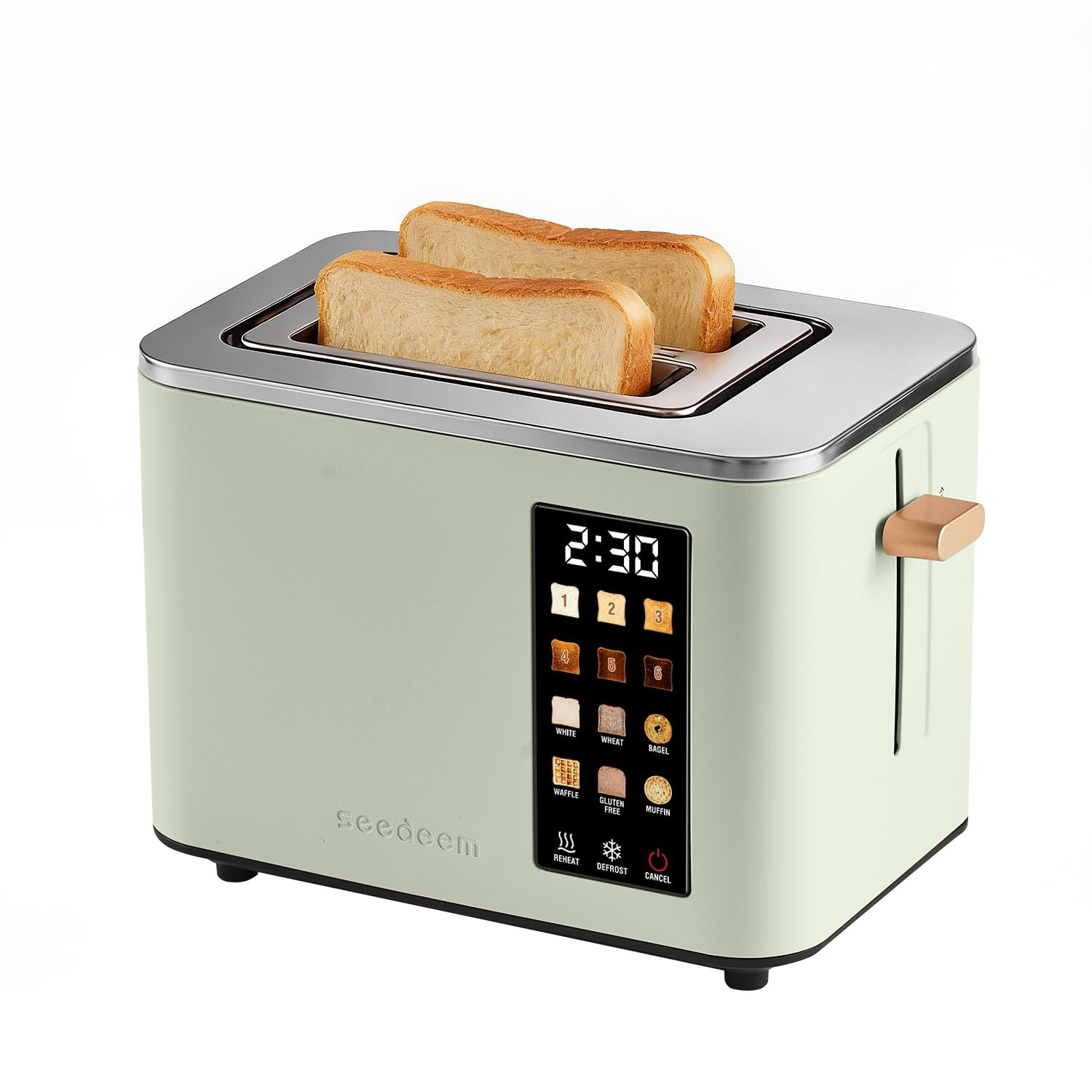 2-Slice Toaster with Touch Screen, 6 Shade Settings & Bread Function, Removable Crumb Tray, Extra Wide Slots, Stainless Steel with High Lift Lever, 900W (Green)