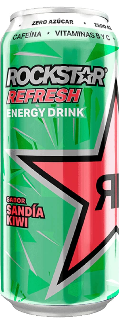 Rockstar watermelon kiwi Bebida energética con cafeína y cero azúcar con sabor a sandía y kiwi, pack de 12 latas de 500 ml, 6 litros en total