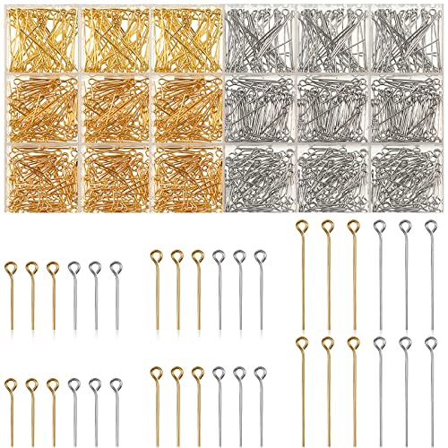 Junkin 1400 Pcs Eye Pins Mix Jewelry Findings 0.63 * 0.79 * 1.18 in Open Eye Head Pins Findings for Jewelry Making DIY Necklace Bracelets(Gold, Silver)