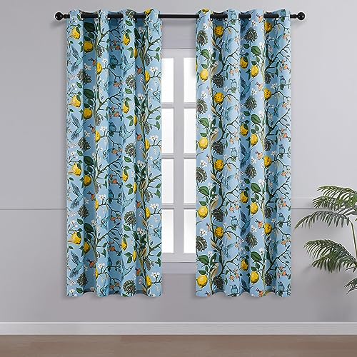 Image of Topfinel Blue and Gold Unique Blackout Curtains 63 Inches Long 2 Panels, Floral Hummingbird Lemon Printed Colorful Energy Efficient Antique Noise Grommet Drapery Treatment for Window Nursery Classroom