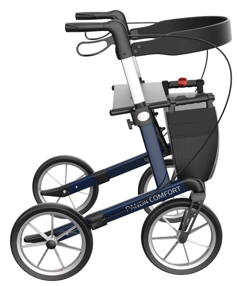 FabaCare Outdoor-Rollator mit Vollausstattung und Feststellbremse, Leichtgewichtrollator Panda Comfort mit Softrädern, Indoor-Rollator, faltbar, abnehmbare Tasche, Rückengurt, Stockhalter, Farbe blau