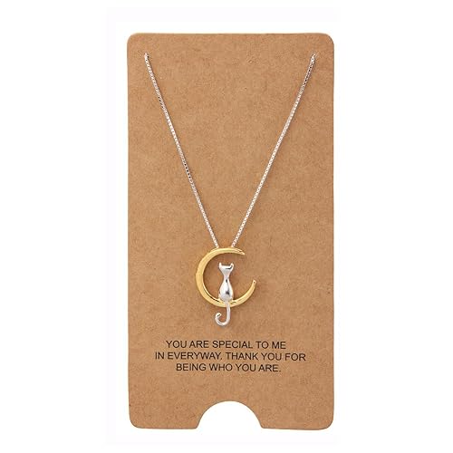WRISTCHIE Moon Cat Pendant Necklace Sterling Silver Box Chain for Women Celestial Jewelry 18“