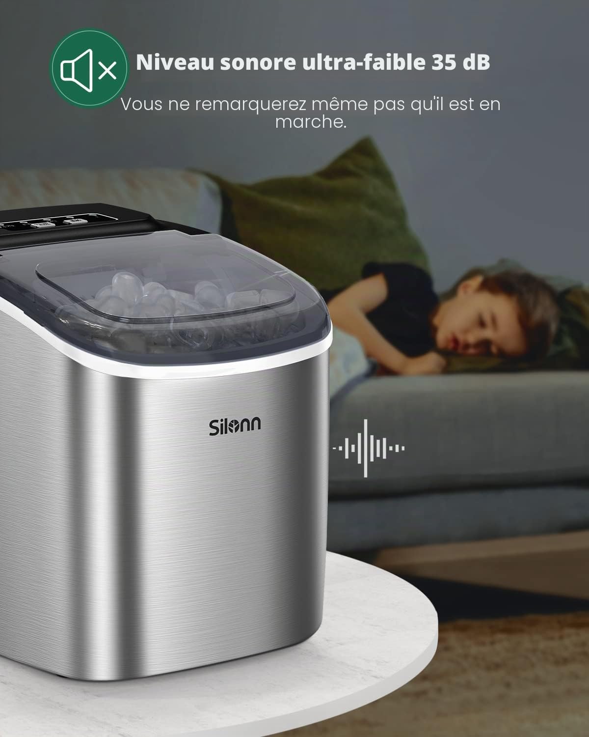 Silonn Machine à Glaçons Petite Machine à Glaçons avec Poignée de Transport, 9 Glaçons en Seulement 6 Min., 12 kg de Glace en 24 Heures.Autonettoyante Compacte avec 2 Tailles de Glaces, Idéal pour