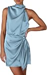 PRETTYGARDEN Robe satinée courte 2026 Robes de soirée de soirée sans manches en cou de mock d'été pour femme