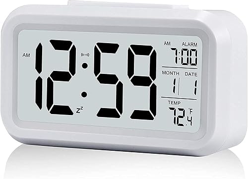 Reloj despertador digital mejorado, pantalla LED de 4.3 pulgadas con temperatura más grande, control de luz de suelo, calendario de repetición