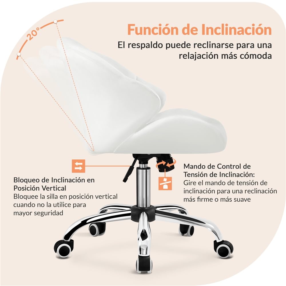 Yaheetech Silla de Oficina Despacho Terciopelo sin Reposabrazo Blanco | Silla de Oficina con Ruedas, Altura Ajustable, Capacidad Max de 136 KG, Silla Tapizada de Terciopelo, Diseño de Flores