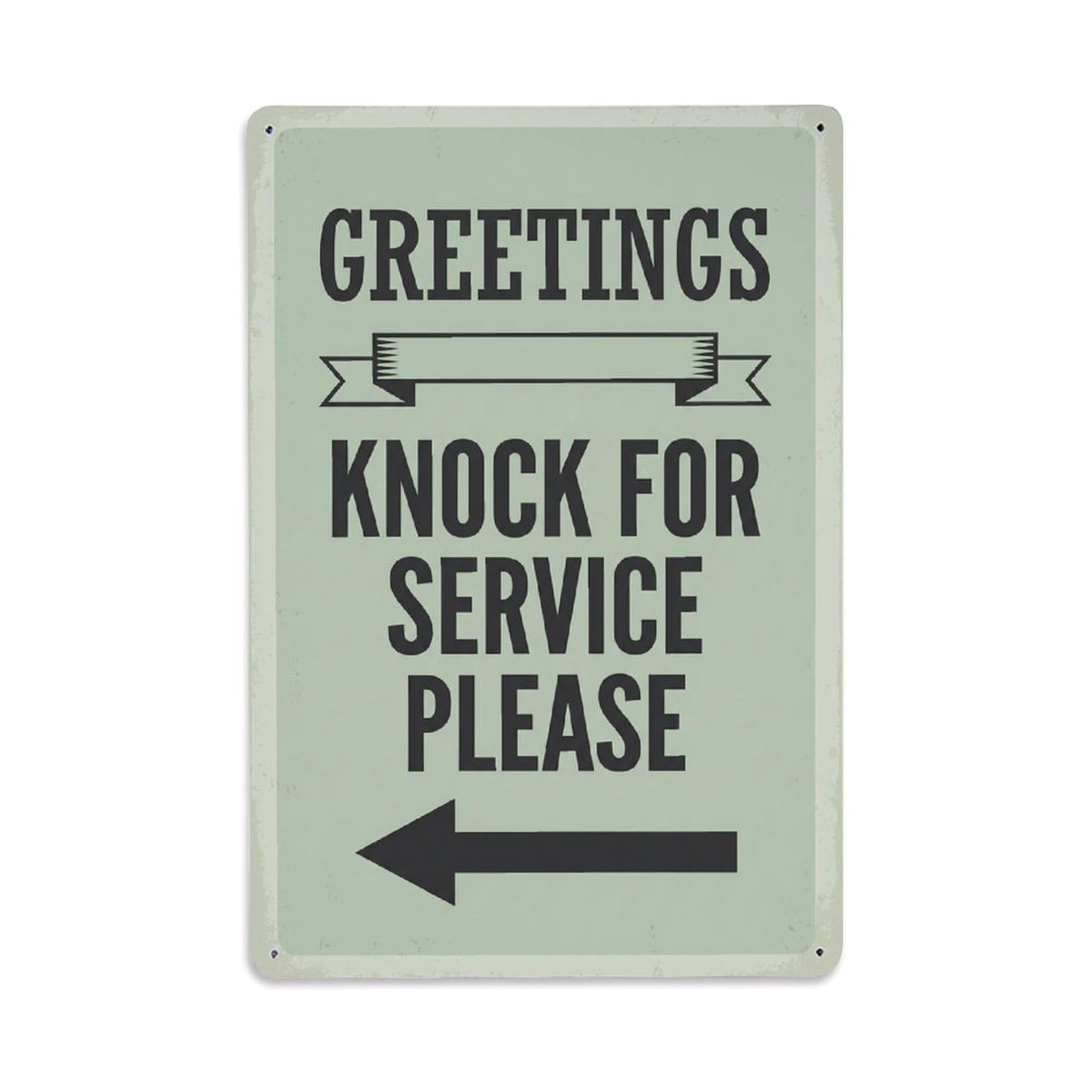 Vintage Greetings Knock For Service Please Arrow Ribbon Metal Tin Sign
