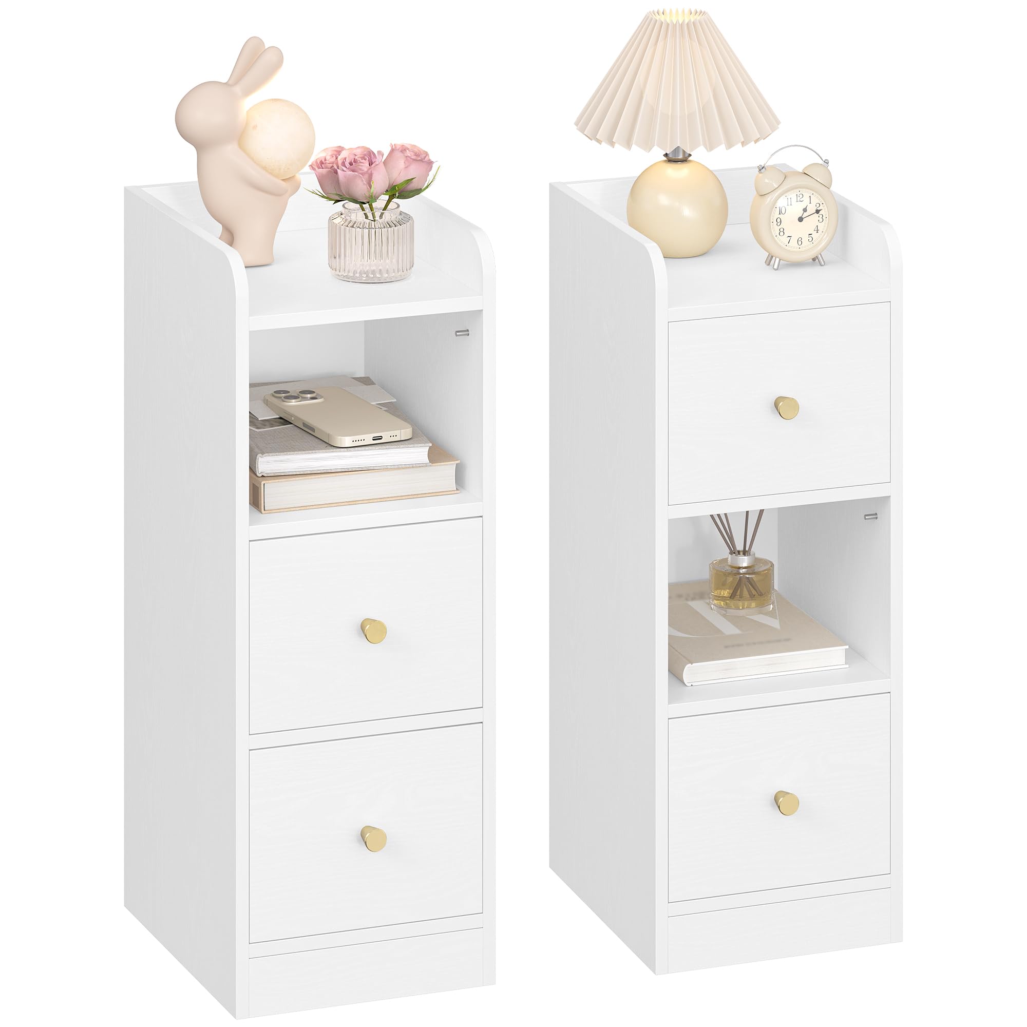 Set Di 2 Comodini Bianchi Con Luci LED RGB E Prese USB - 2 Cassetti - 45x35x65 Cm - Tavolini Da Notte Con Ricarica