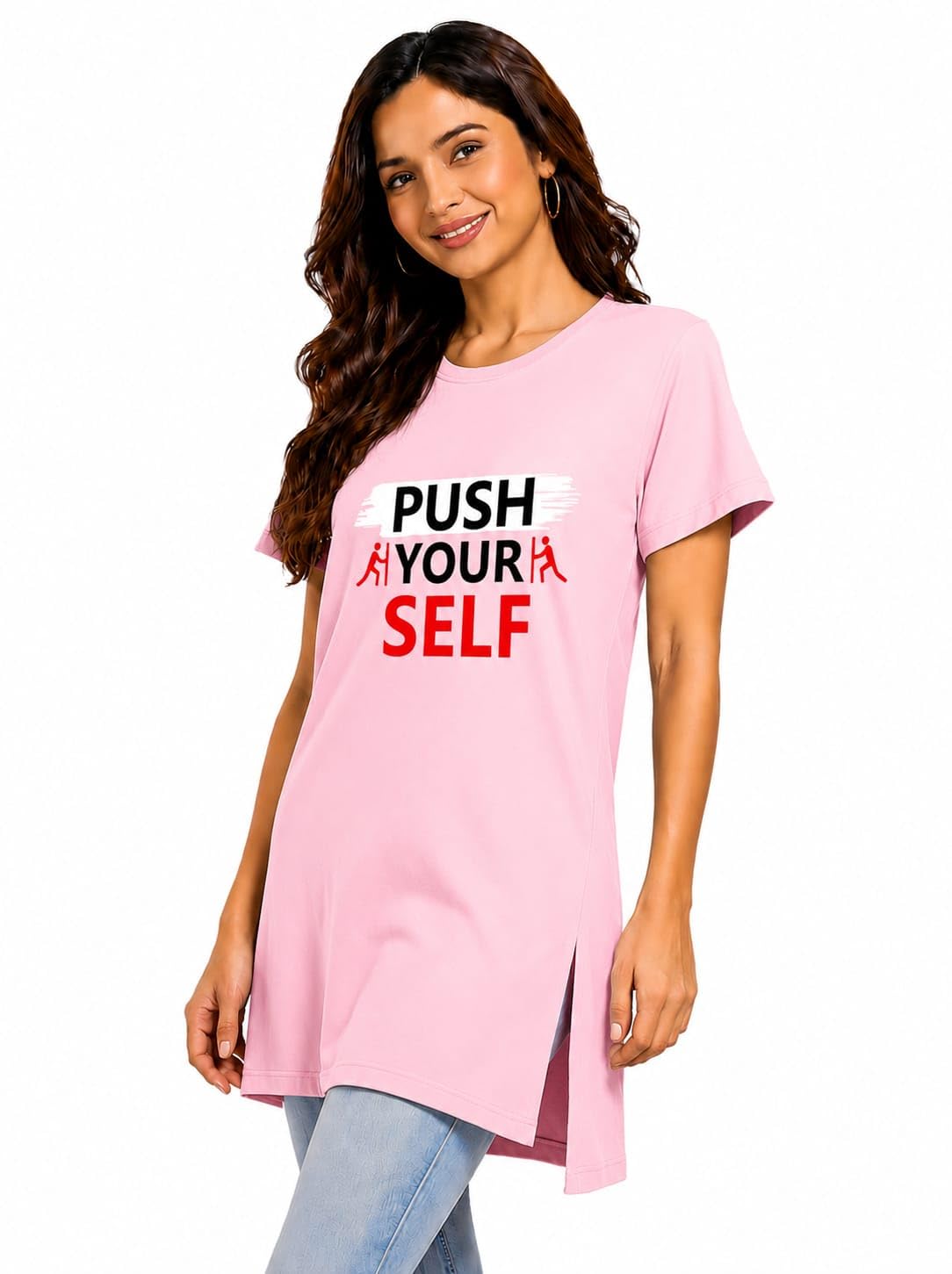 Women Long T-Shirt, Black, Graphic Print, Side Slit, Round Neck-image-14