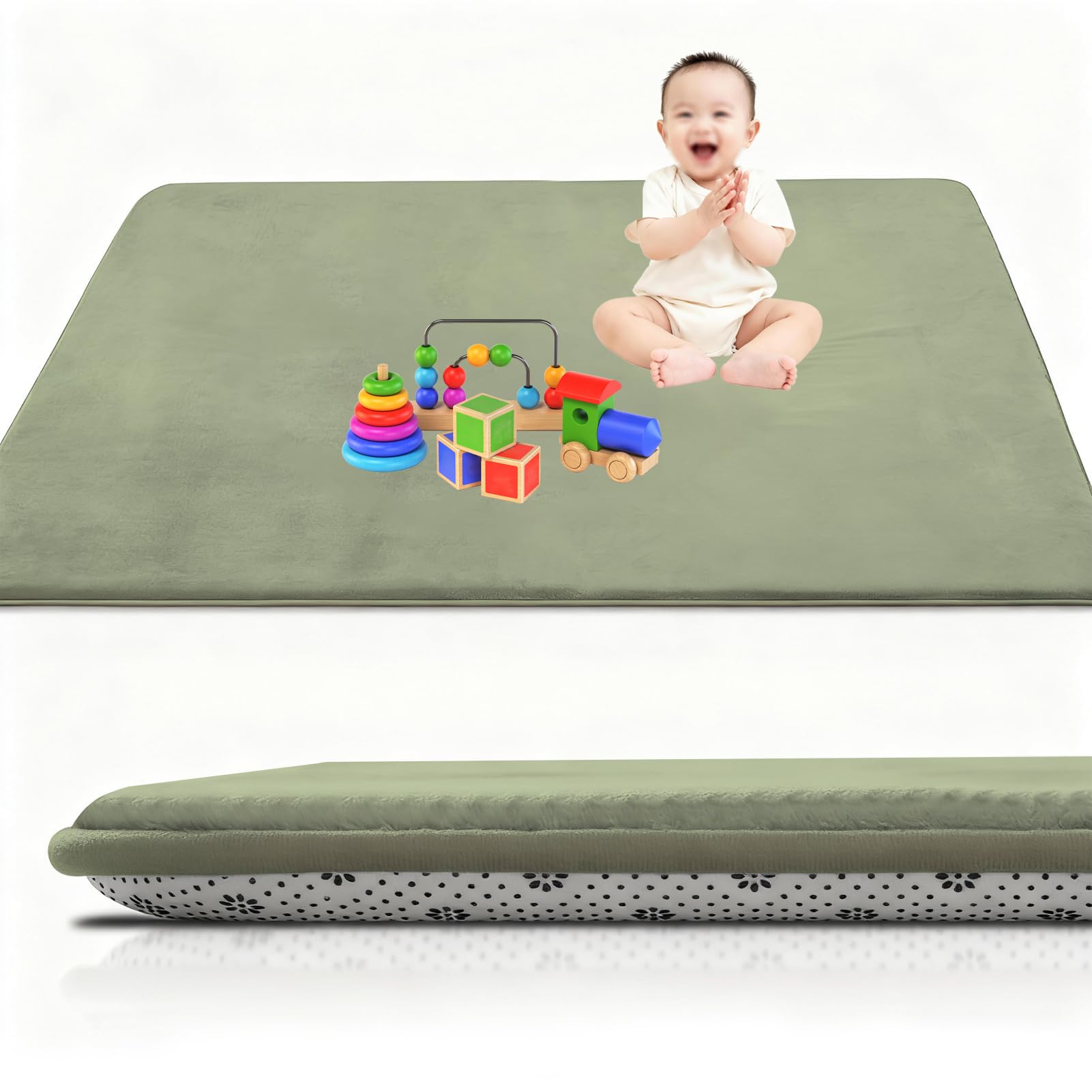 Krabbelmatte Baby, 3cm Dicke Schaumstoff Spielmatte, Baby Spielmatte 80 x 200 cm Grasgrün, Korallensamtteppich Pflegeleichte Krabbeldecke Baby mit Rutschfester Unterseite, Tatami-Matte