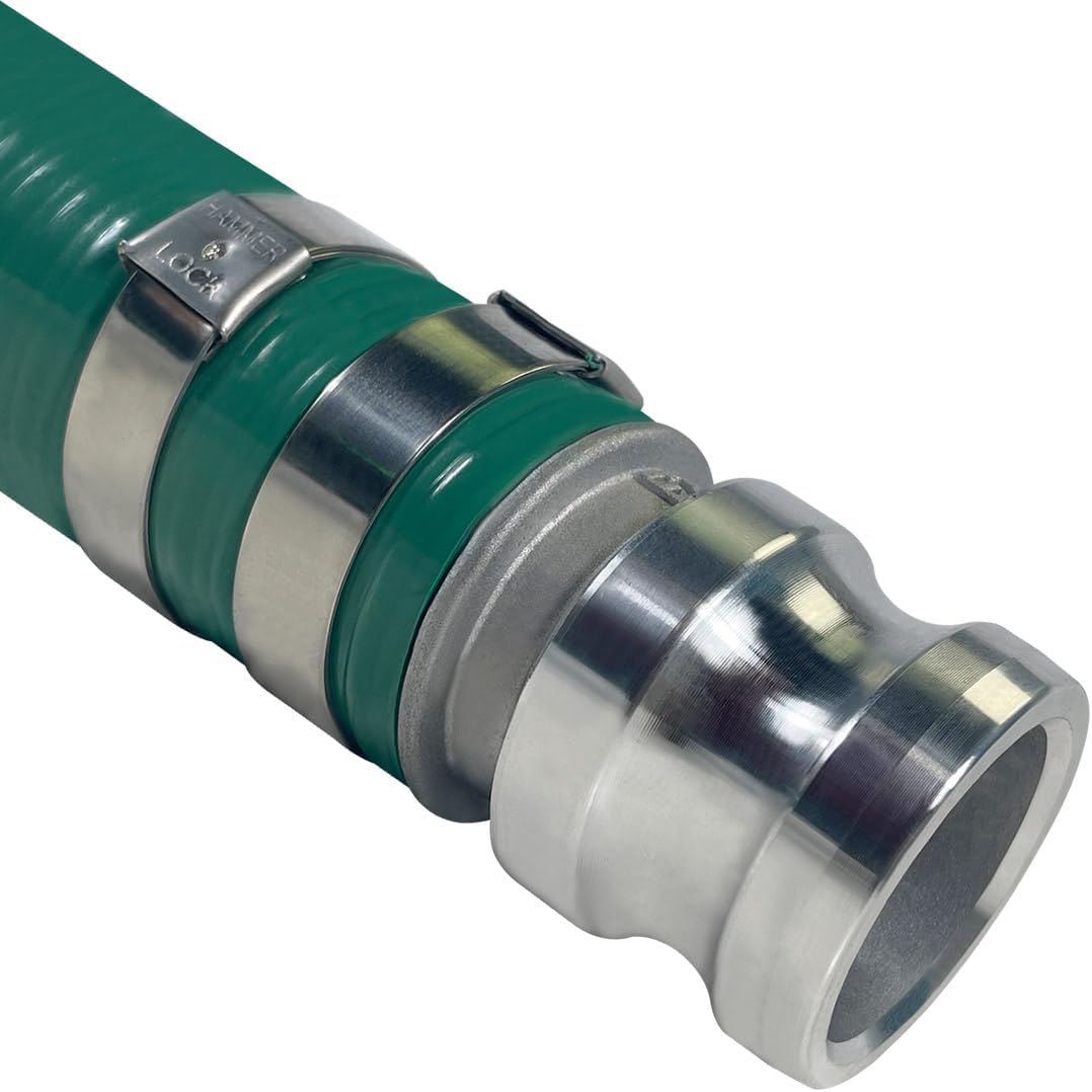 Gloxco Heavy Duty Green PVC Suction Hose Assembly for Water Transfer, 2" Inside Diameter, Installed Male x Female Cam and Groove Fittings, 10 ft Length