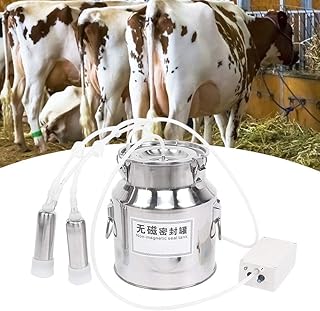 Kit de ordenha, 14L portátil de velocidade ajustável elétrica para vacas / ovelhas ordenhadoras elétricas de pulsação com 2 tetas, balde de leite de aço inoxidável para vacas bovinas cabra ovelhas (vaca EUA)