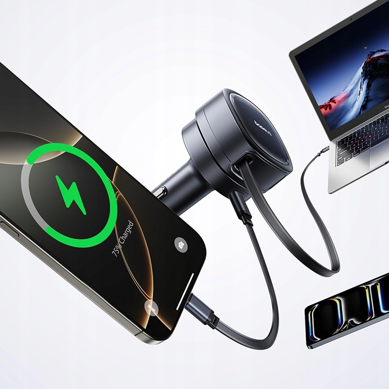 Baseus Cargador de Coche Baseus PrimeTrip VR1 60W USB-A USB-C con Cable USB-C retráctil - Negro