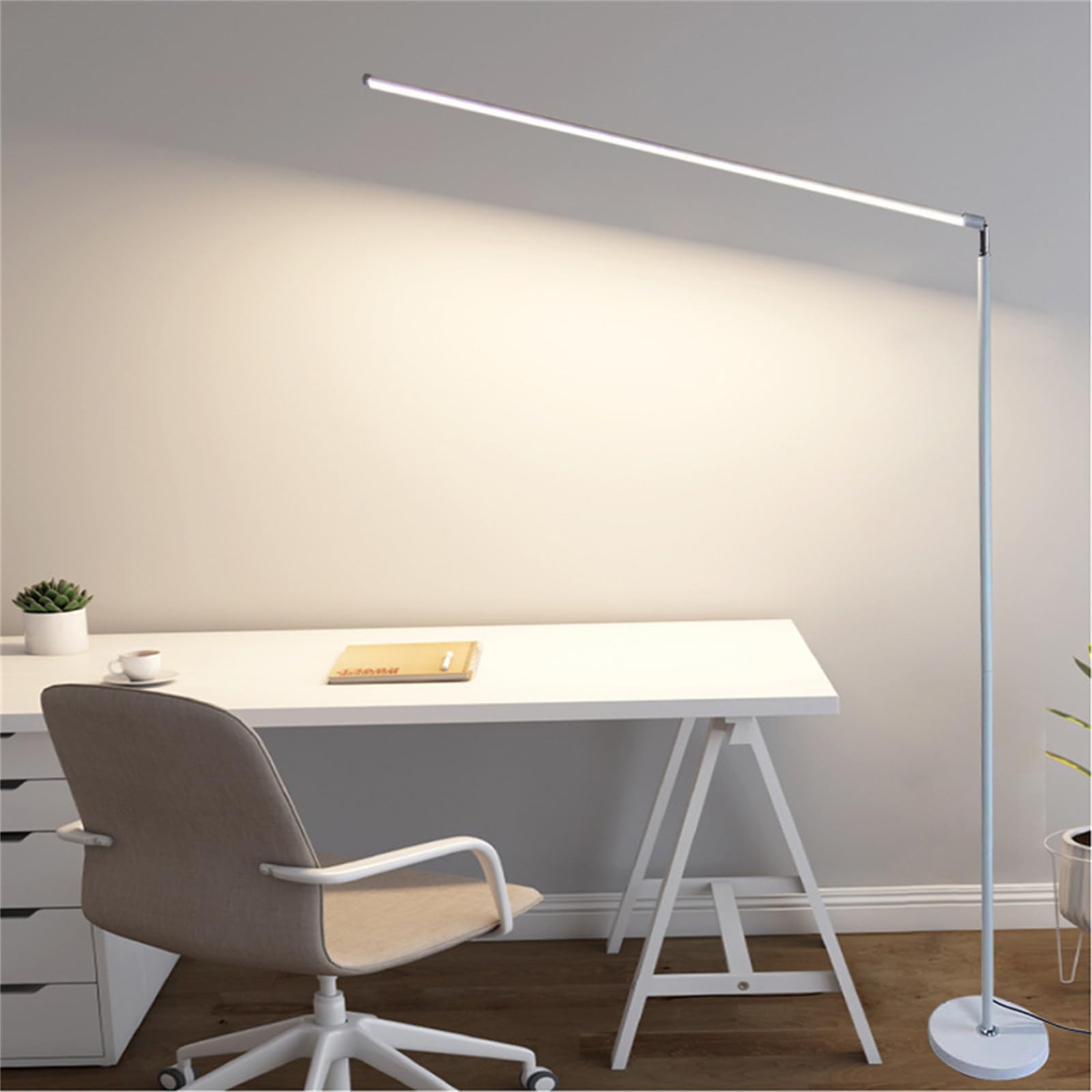 LED Schreibtischlampe Modern Vertikal mit Fernbedienung Tischlampe Verstellbare Farbe & Helligkeit Dimmbar Bodenlampe Drehbar Metall mit Stecker Kabel Schalter Stehlampe für Arbeitszimmer (Weiß)