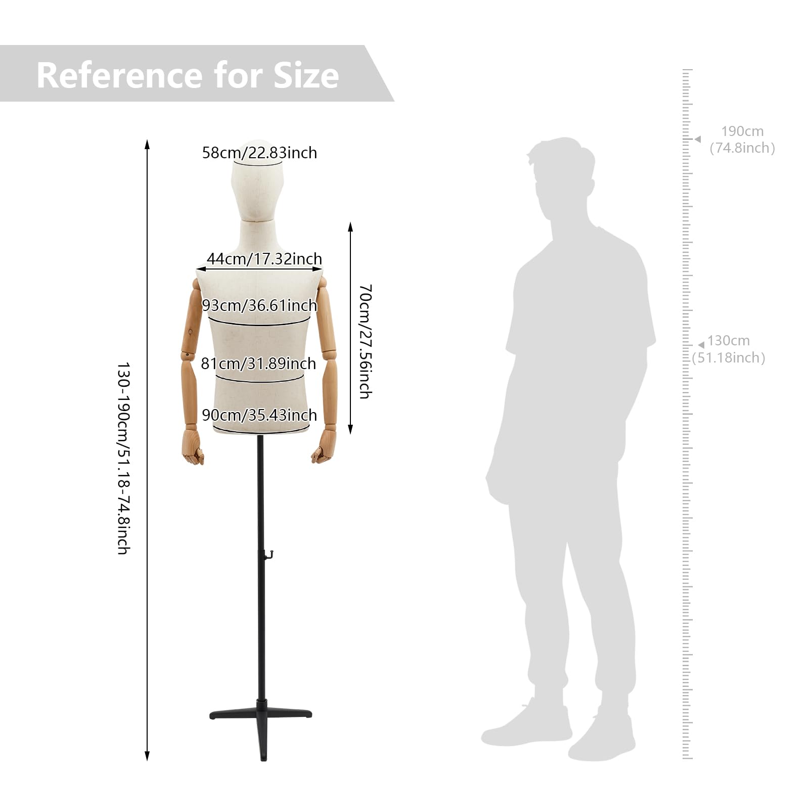 Mannequin pour homme, hauteur de 135 à 193 cm, réglable M, mannequin de vitrine masculin mobile pour magasins de vêtements, vêtements de mariage (support noir - mâle)